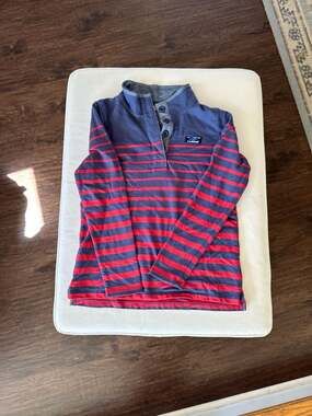 L.L.Bean Women's Striped Cotton Button Henley Long Sleeve Pullover Navy and Red